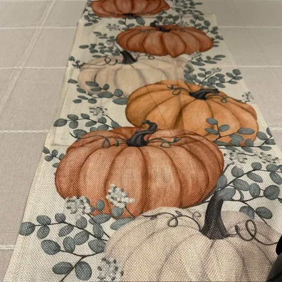 Pumpkin Table Runner Orange Cottage Farmhouse Thanksgiving Long Cloth Fall Decor - Picture 1 of 8